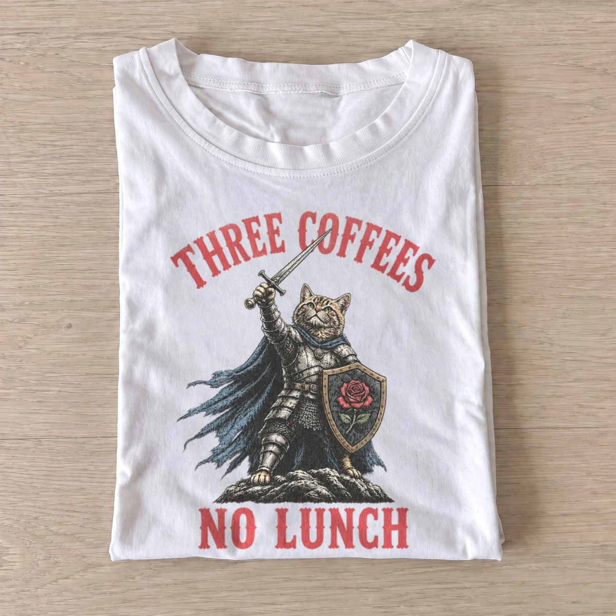 Three coffees no lunch cat knight t shirt white20coffee fueled cat knight.webp