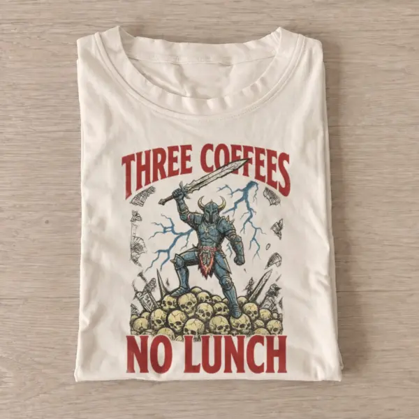 Three coffees no lunch graphic t shirt sand20three coffees no lunch.webp