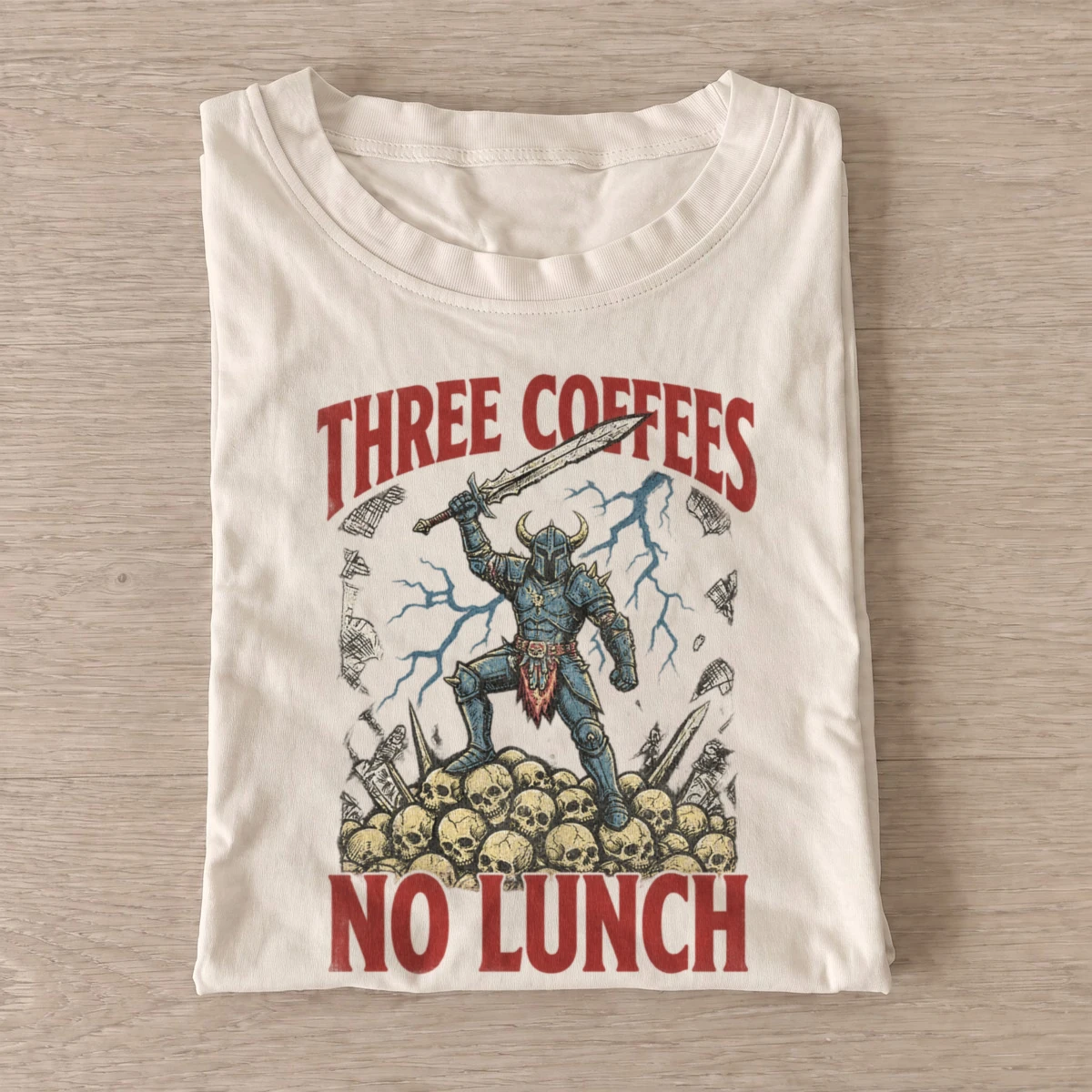 Three coffees no lunch graphic t shirt sand20three coffees no lunch.webp