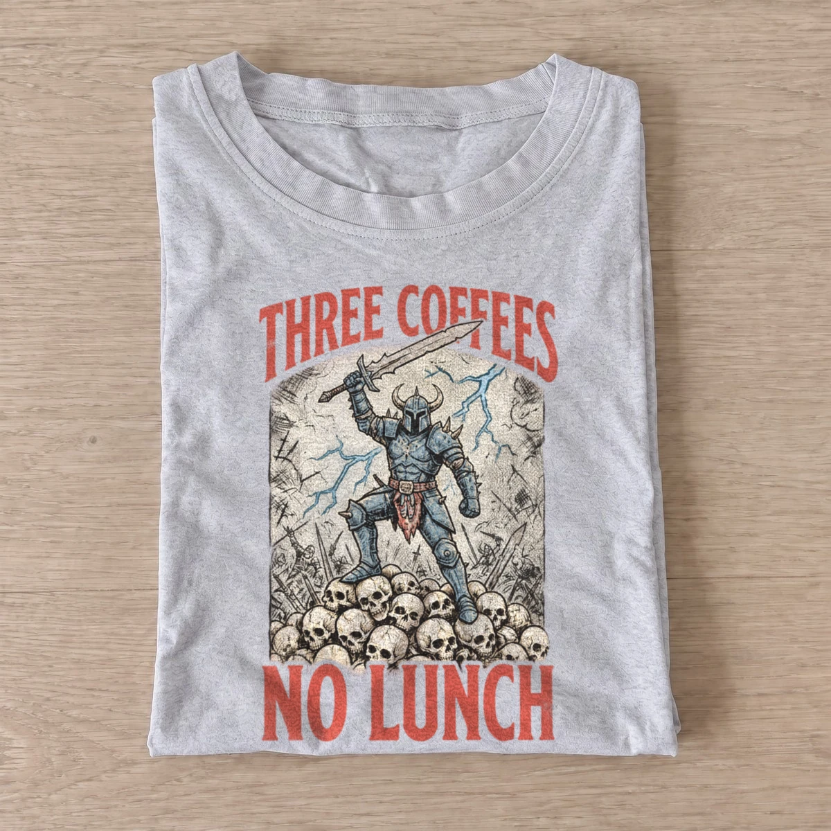 Three coffees no lunch knight t shirt gray20coffee fueled knight.webp