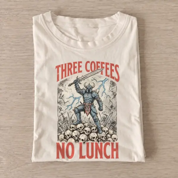 Three coffees no lunch knight t shirt sand20coffee fueled knight.webp
