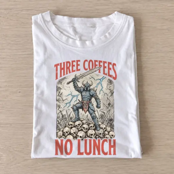 Three coffees no lunch knight t shirt white20coffee fueled knight.webp