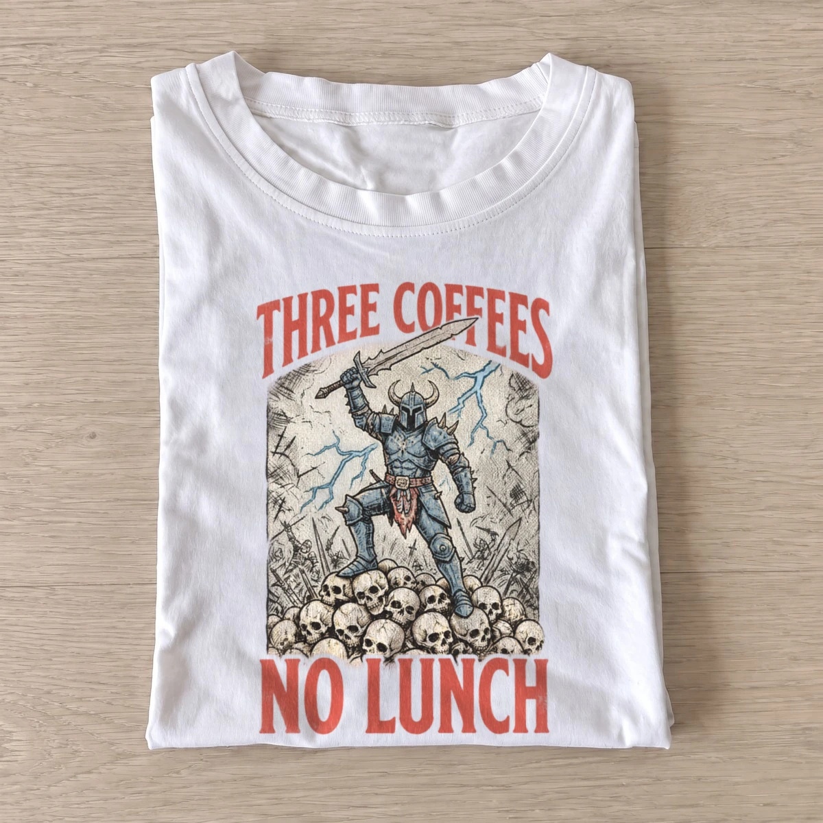 Three coffees no lunch knight t shirt white20coffee fueled knight.webp