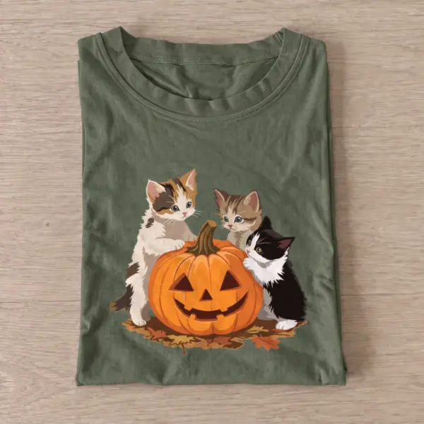 Three kittens and pumpkin t shirt olive20three kittens and pumpkin.webp