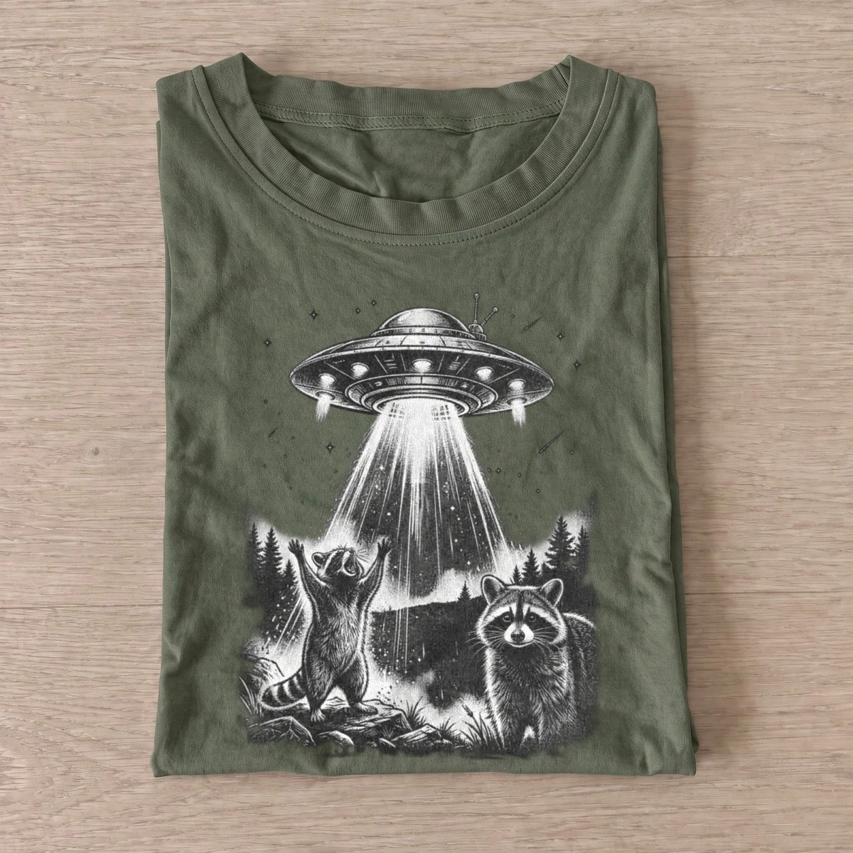 Ufo raccoon encounter t shirt olive20ufo raccoon encounter.webp