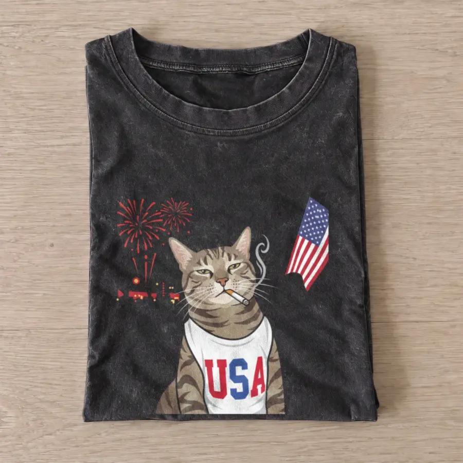 Usa fireworks cat vintage t shirt washed20black20usa fireworks cat.webp