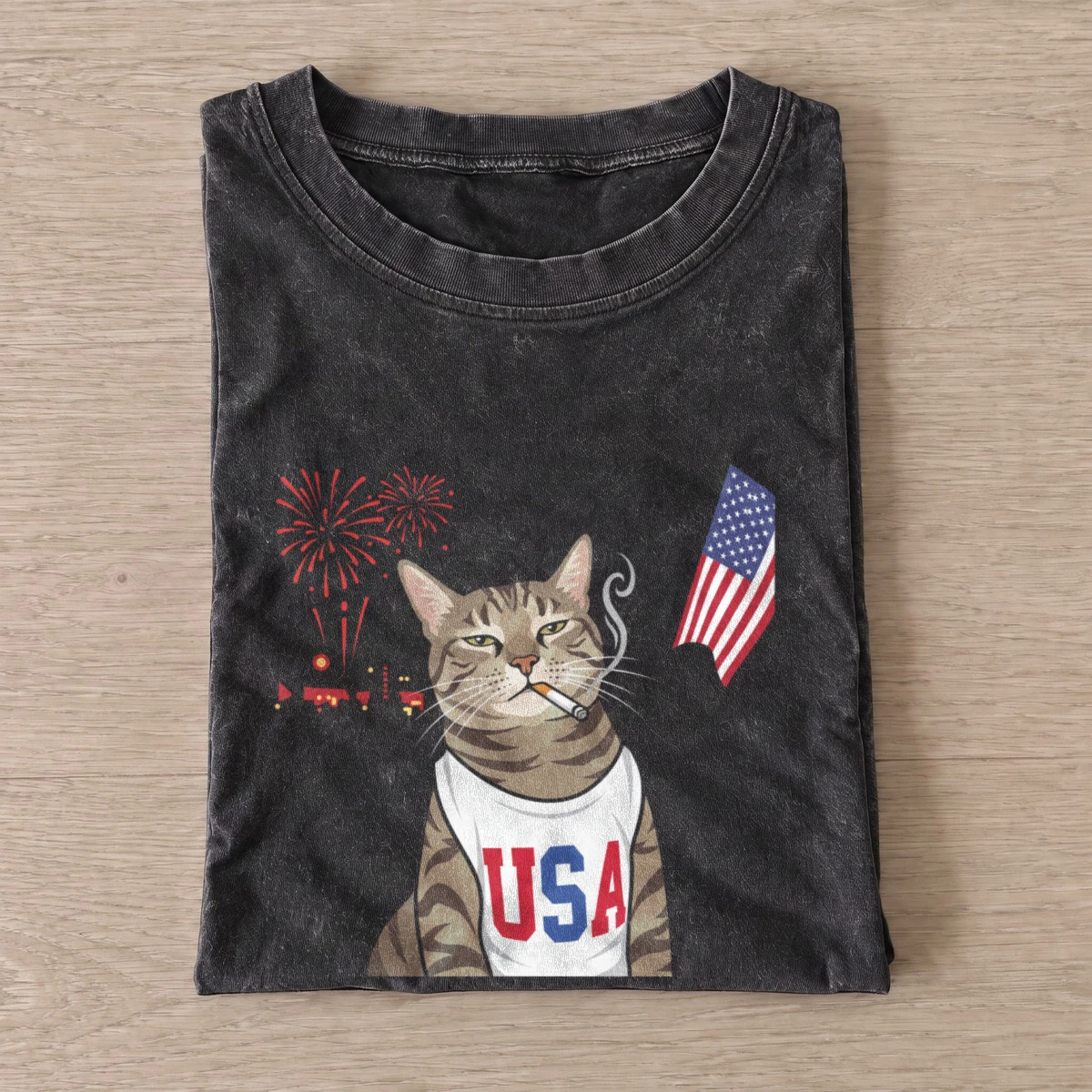 Usa fireworks cat vintage t shirt washed20black20usa fireworks cat.webp