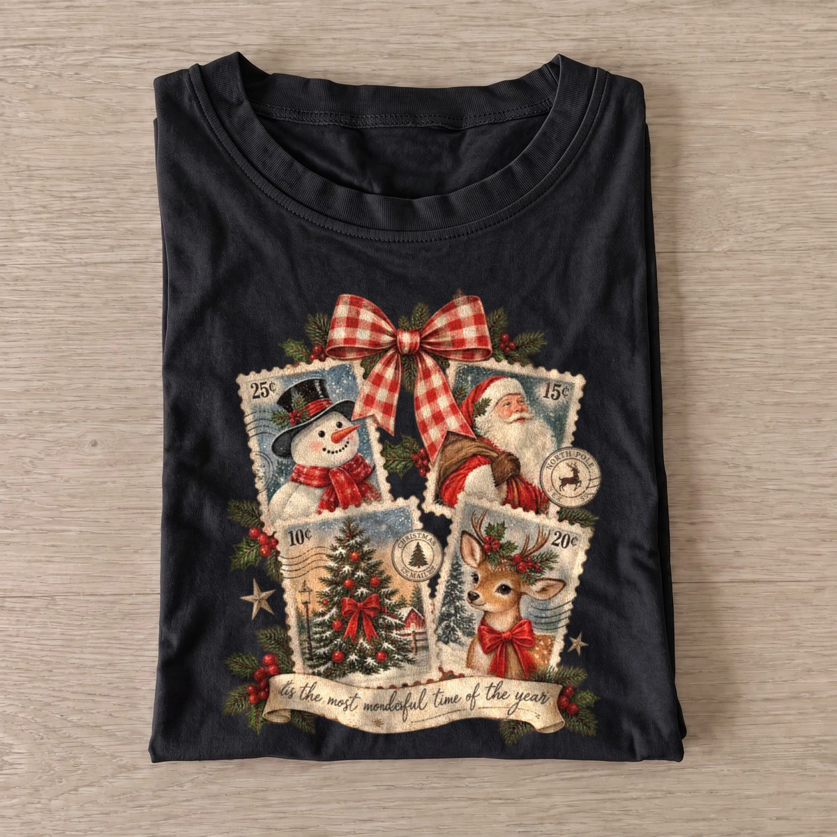 Vintage christmas postage stamp collage t shirt black20christmas postage collage.webp