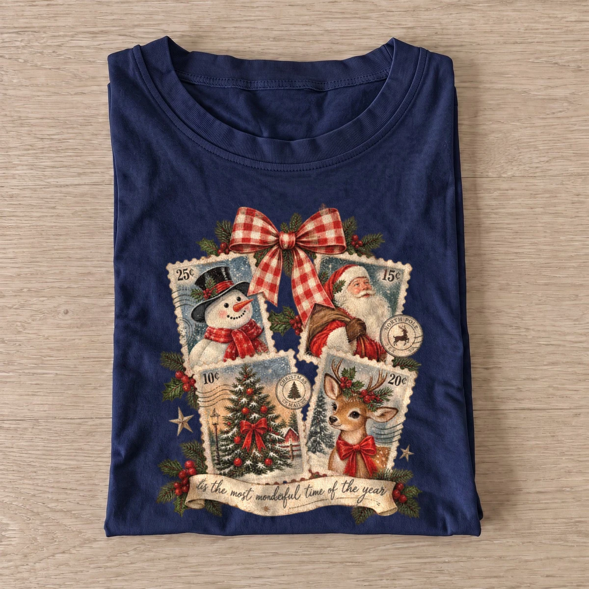 Vintage christmas postage stamp collage t shirt navy20christmas postage collage.webp