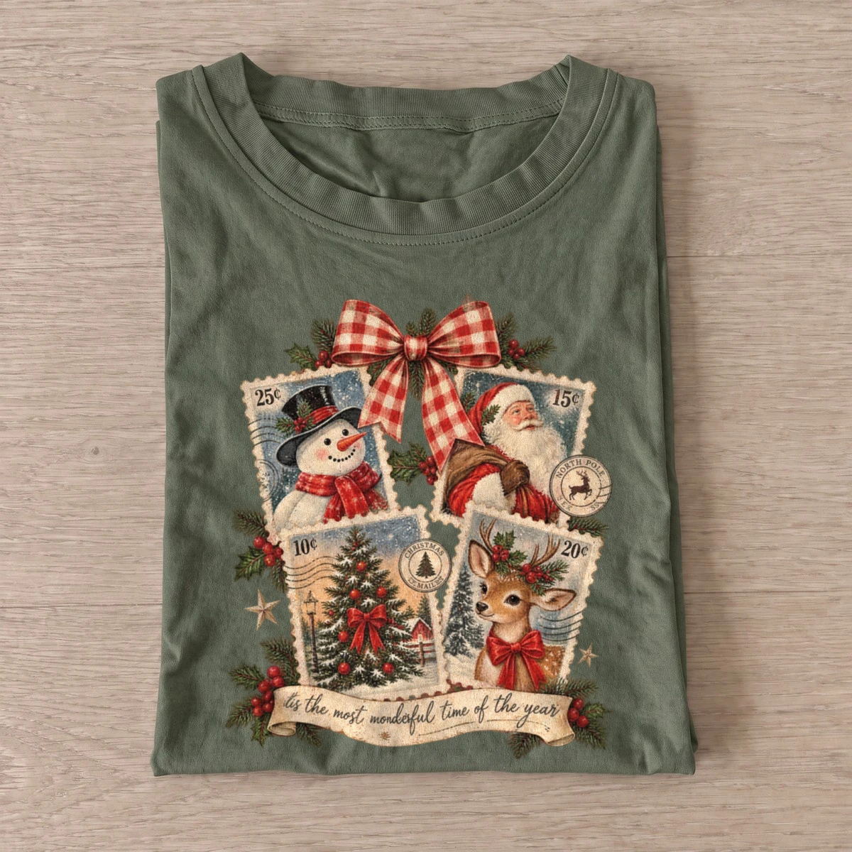 Vintage christmas postage stamp collage t shirt olive20christmas postage collage.webp