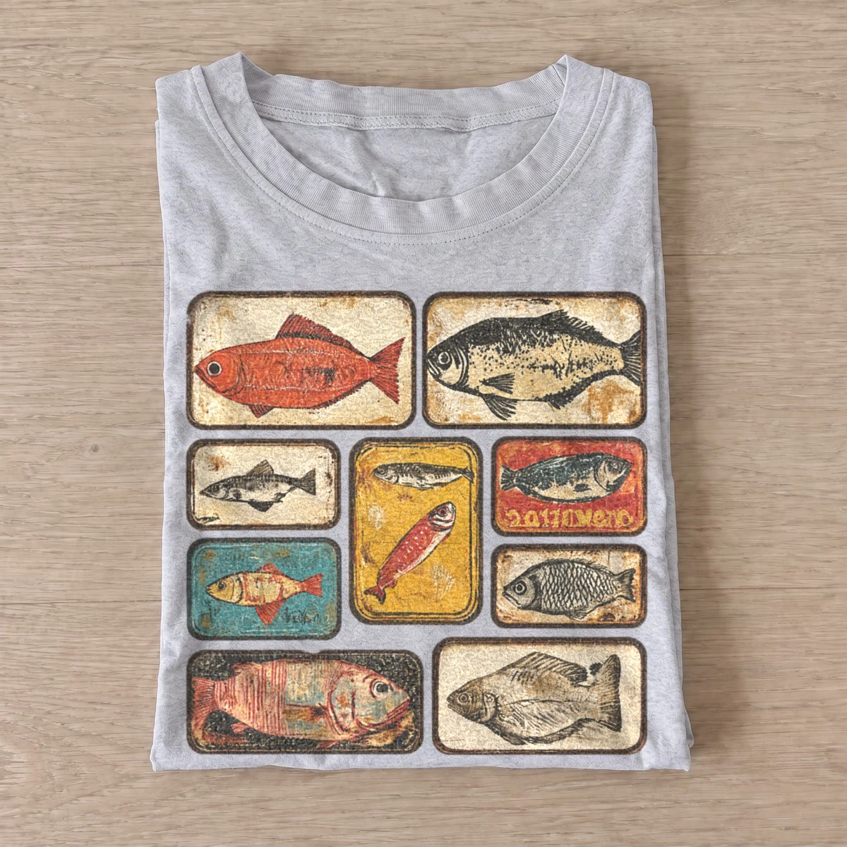 Vintage fish tins graphic t shirt gray20vintage fish tins.webp