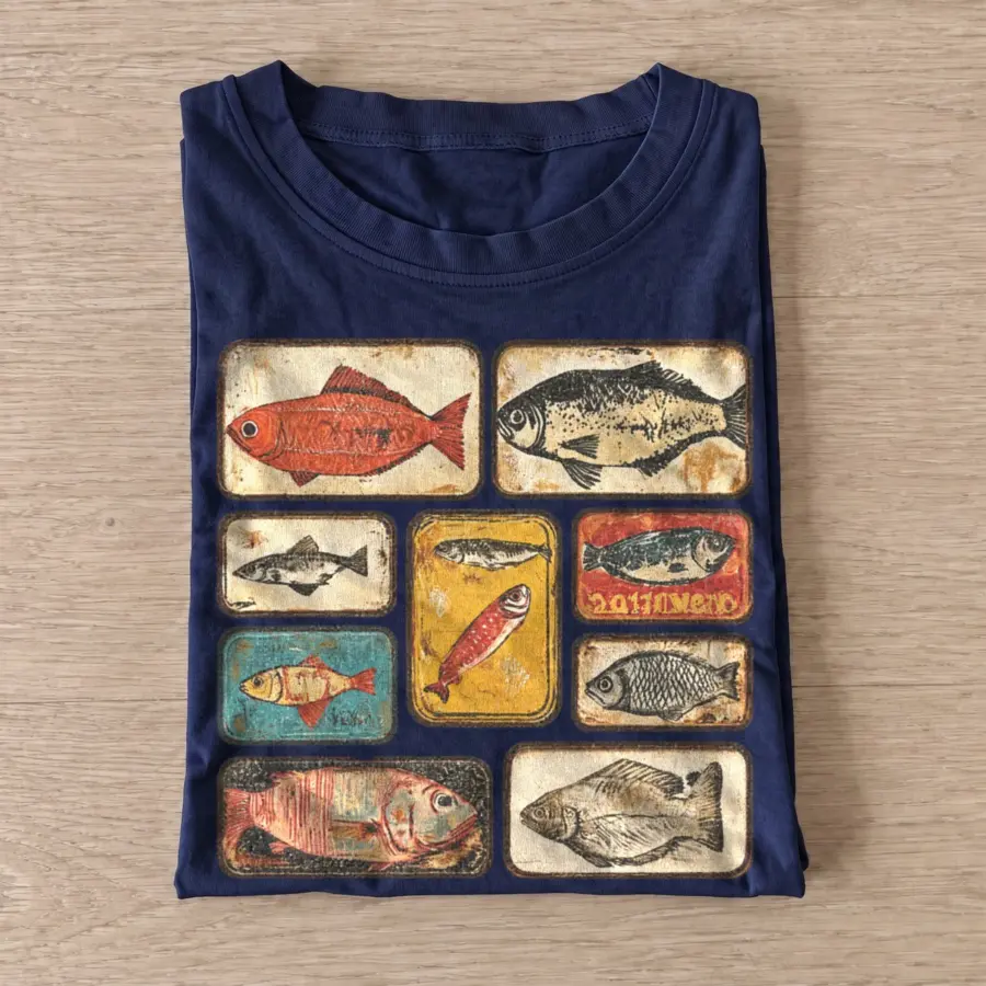 Vintage fish tins graphic t shirt navy20vintage fish tins.webp