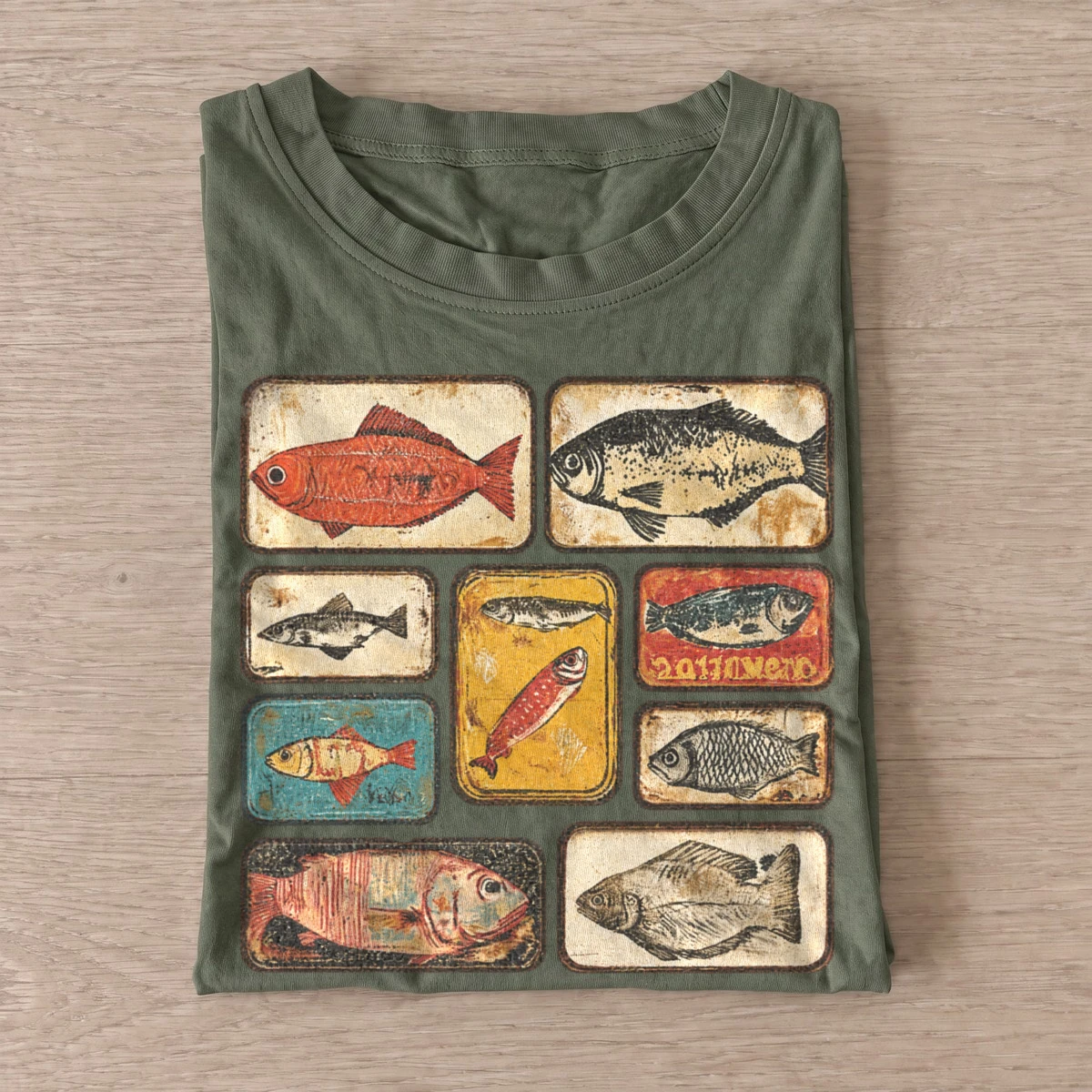 Vintage fish tins graphic t shirt olive20vintage fish tins.webp