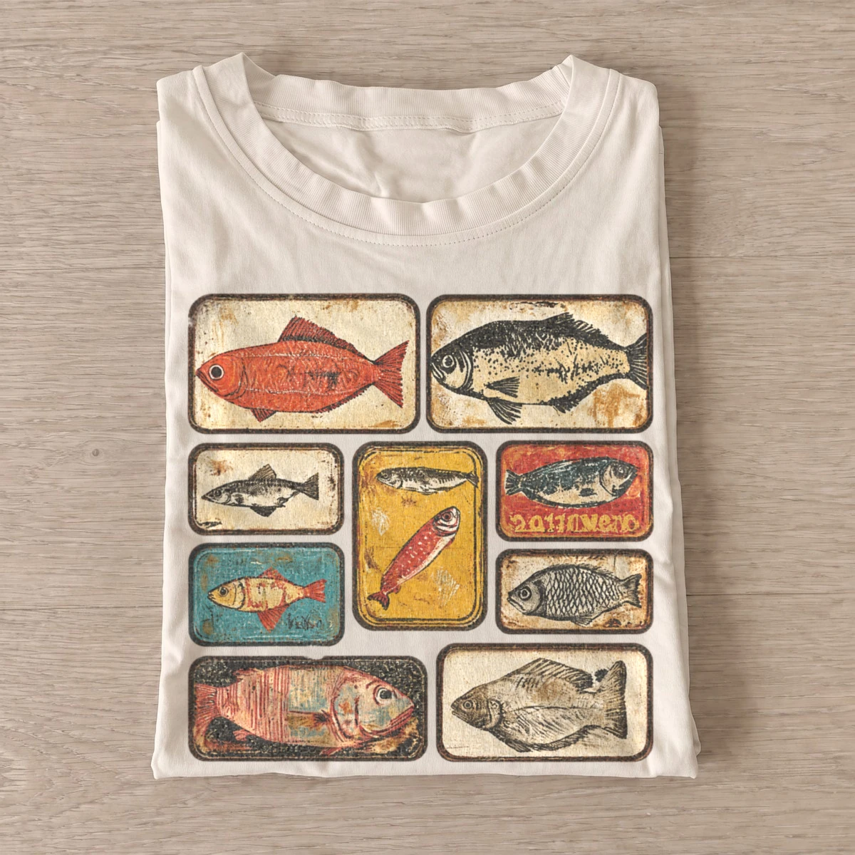 Vintage fish tins graphic t shirt sand20vintage fish tins.webp