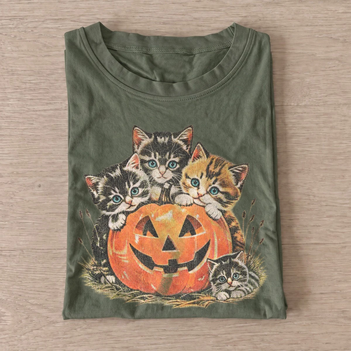 Vintage pumpkin kittens halloween cat t shirt olive20vintage pumpkin kittens.webp