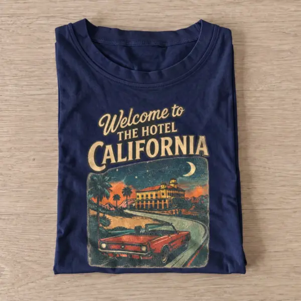 Welcome to hotel california sunset t shirt navy20california hotel sunset.webp