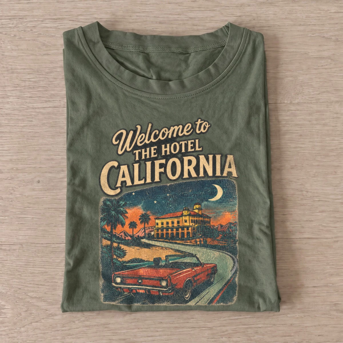 Welcome to hotel california sunset t shirt olive20california hotel sunset.webp