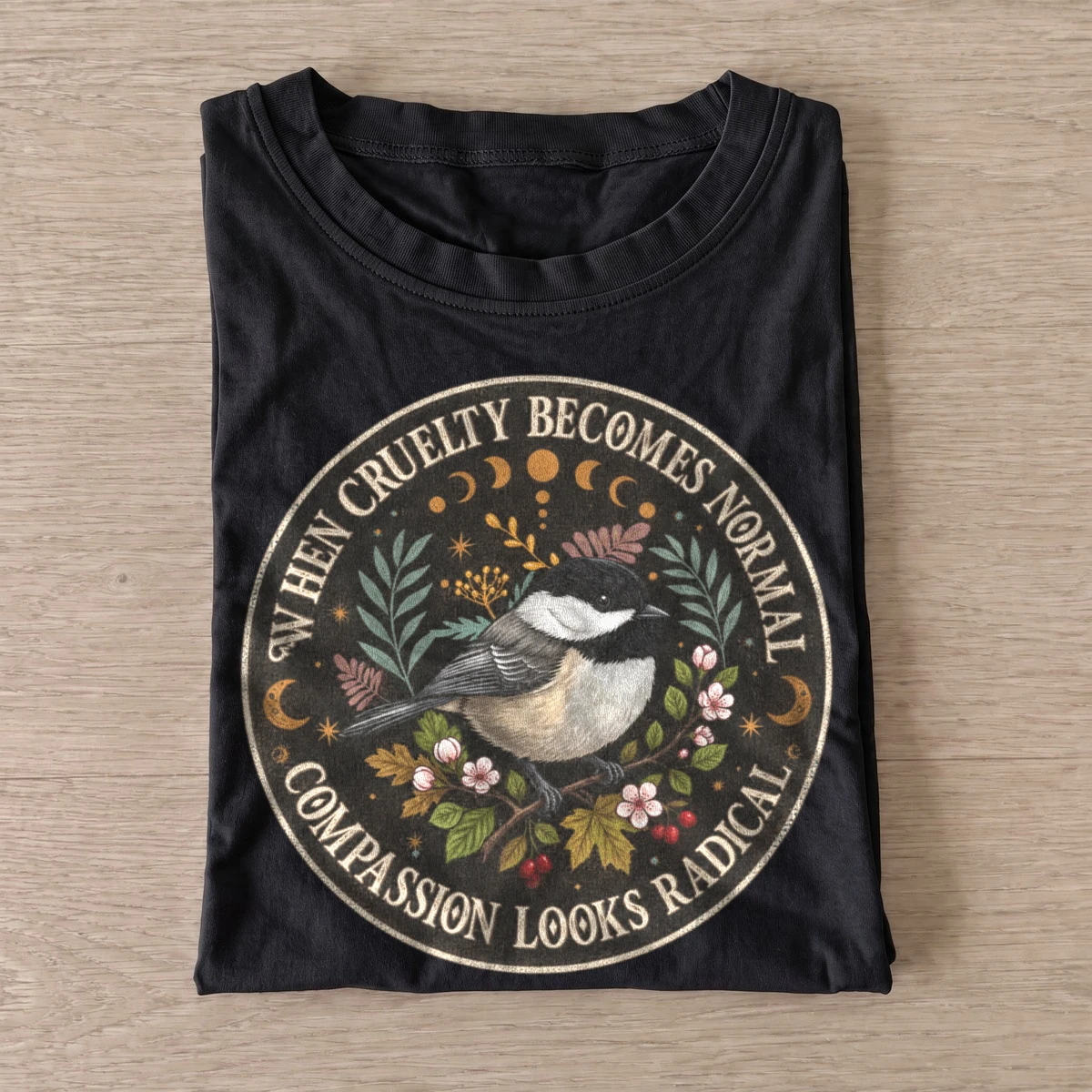 When cruelty becomes normal compassion looks radical bird t shirt black20radical compassion bird.webp