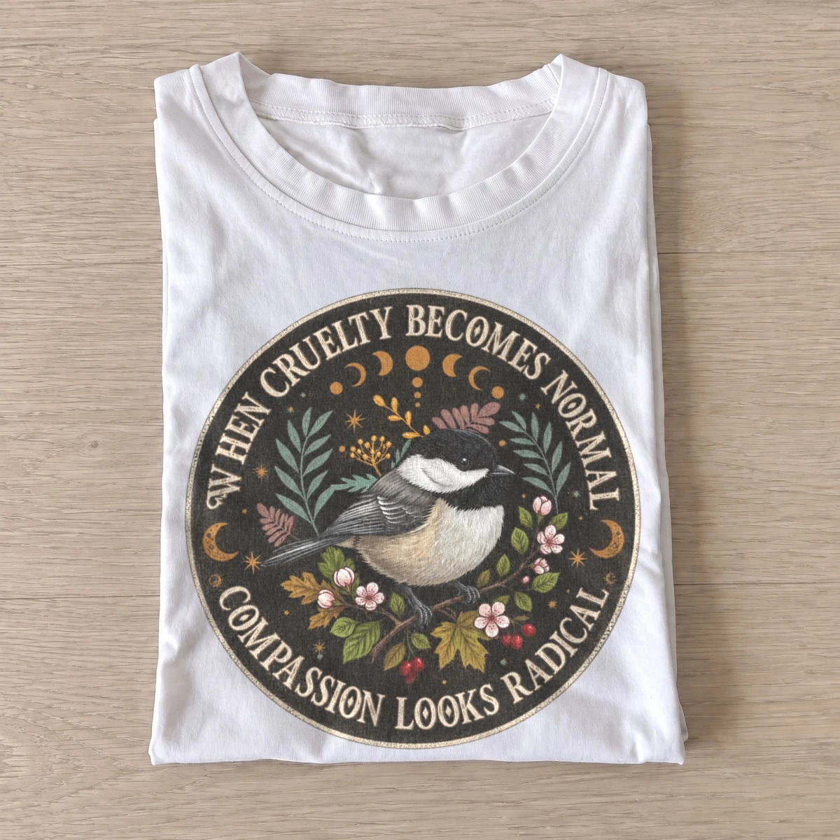 When cruelty becomes normal compassion looks radical bird t shirt white20radical compassion bird.webp