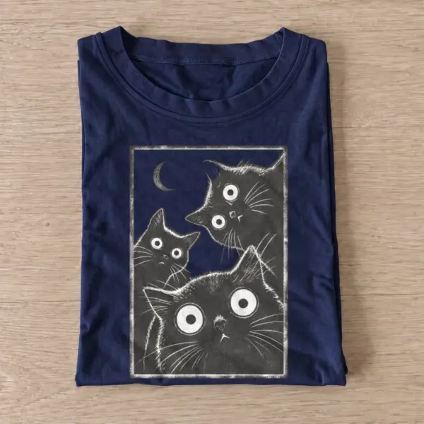 Wide eyed cat trio graphic t shirt navy20wide eyed cat trio.webp