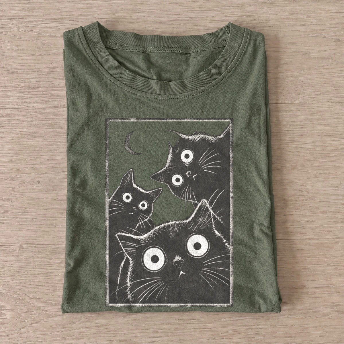 Wide eyed cat trio graphic t shirt olive20wide eyed cat trio.webp