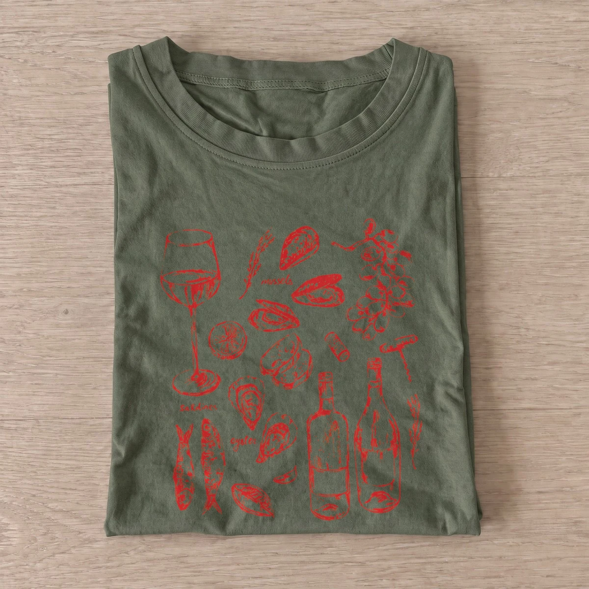 Wine seafood sketches t shirt olive20wine seafood sketches.webp