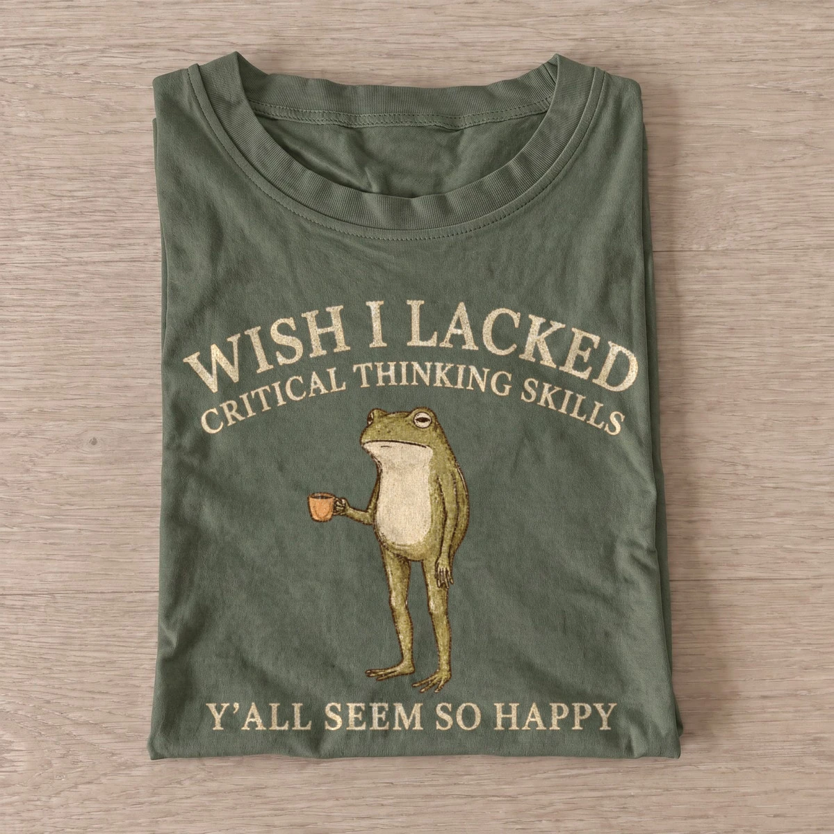 Wish i lacked critical thinking skills coffee frog t shirt olive20overthinking coffee frog.webp