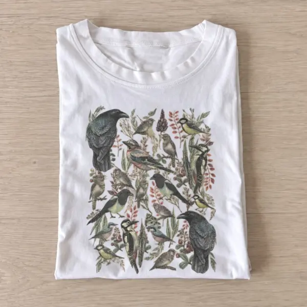 Woodland bird gathering t shirt white20woodland bird gathering.webp