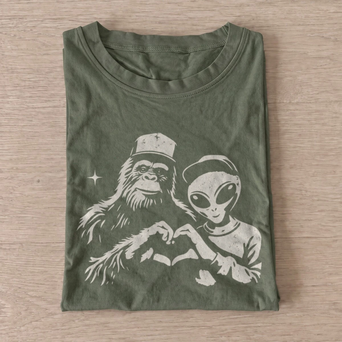 Bigfoot and alien love graphic t shirt olive20bigfoot alien love.webp