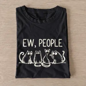 Black Ew People Cat Squad T-shirt with three wide-eyed cats beneath EW, PEOPLE lettering