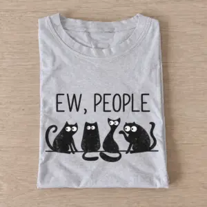 Gray Ew People Cat Squad T-shirt with three wide-eyed cats beneath EW, PEOPLE lettering