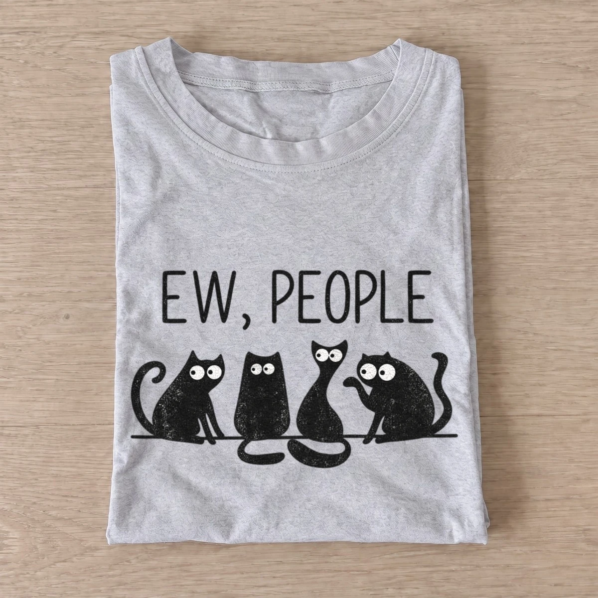 Gray Ew People Cat Squad T-shirt with three wide-eyed cats beneath EW, PEOPLE lettering