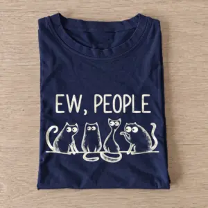 Navy Ew People Cat Squad T-shirt with three wide-eyed cats beneath EW, PEOPLE lettering