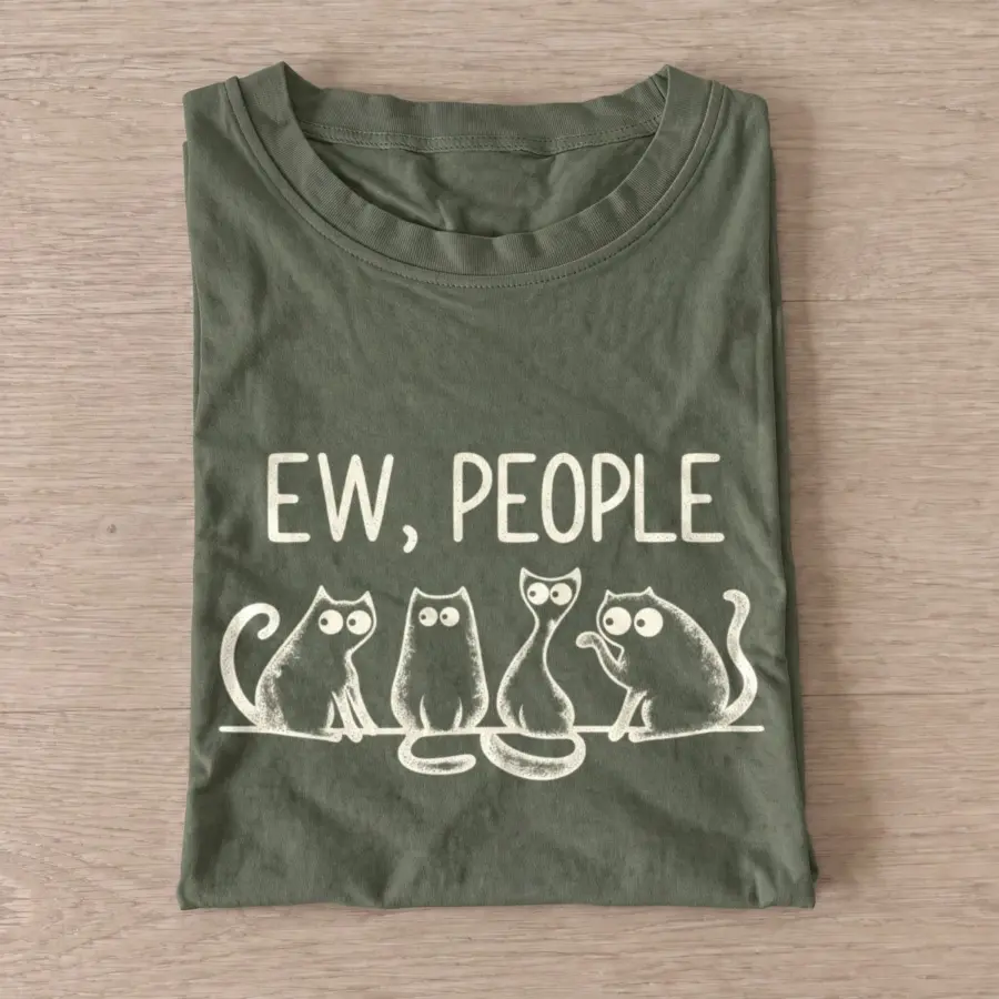 Olive Ew People Cat Squad T-shirt with three wide-eyed cats beneath EW, PEOPLE lettering