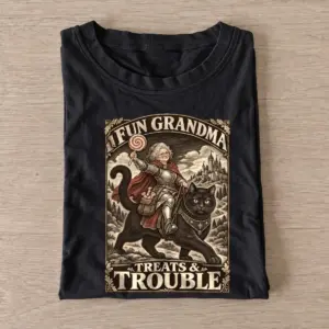 Fun grandma treats trouble cat rider t shirt black20fun grandma cat rider.webp