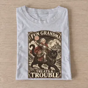 Fun grandma treats trouble cat rider t shirt gray20fun grandma cat rider.webp