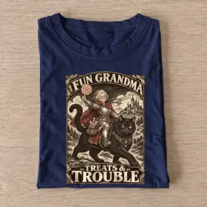 Fun grandma treats trouble cat rider t shirt navy20fun grandma cat rider.webp