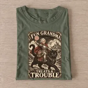 Fun grandma treats trouble cat rider t shirt olive20fun grandma cat rider.webp