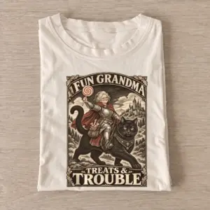Fun grandma treats trouble cat rider t shirt sand20fun grandma cat rider.webp