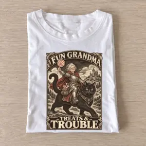 Fun grandma treats trouble cat rider t shirt white20fun grandma cat rider.webp