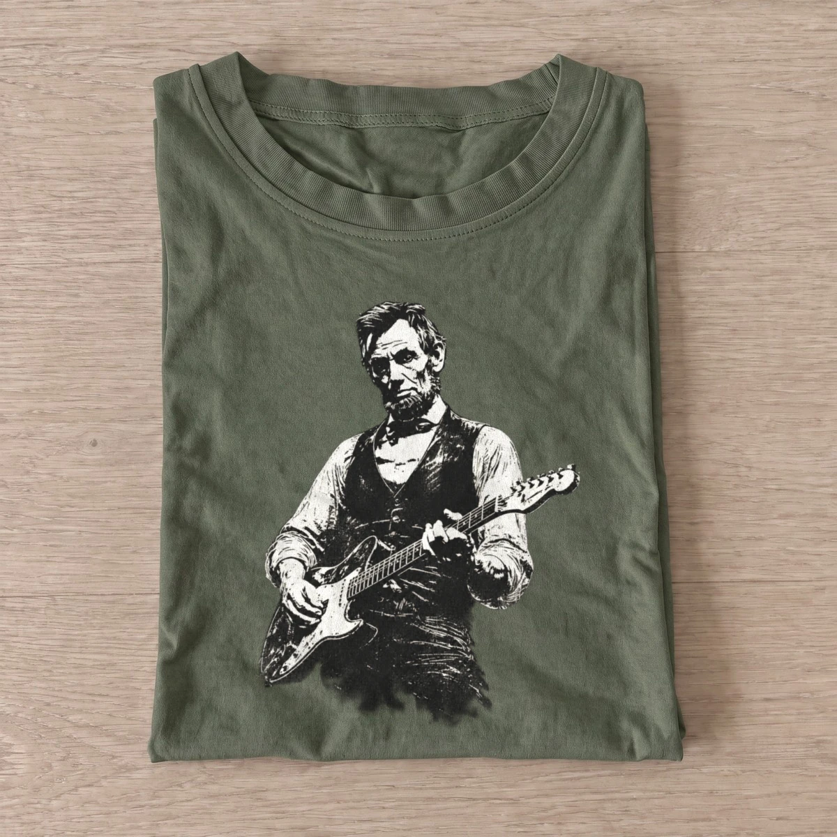 Lincoln rocks electric guitar t shirt olive20lincoln rocks.webp