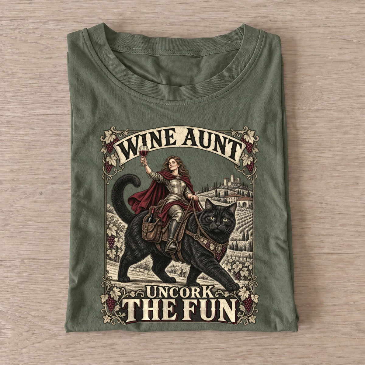 Wine aunt uncork the fun cat rider t shirt olive20wine aunt cat rider.webp