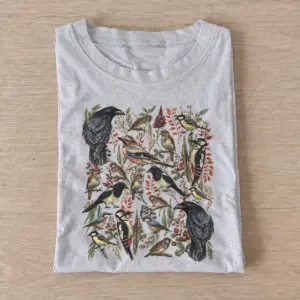 Woodland birds botanical illustration t shirt gray20woodland birds.webp