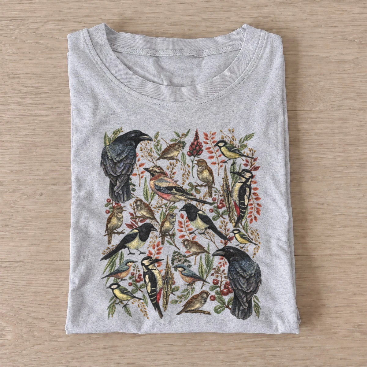 Woodland birds botanical illustration t shirt gray20woodland birds.webp