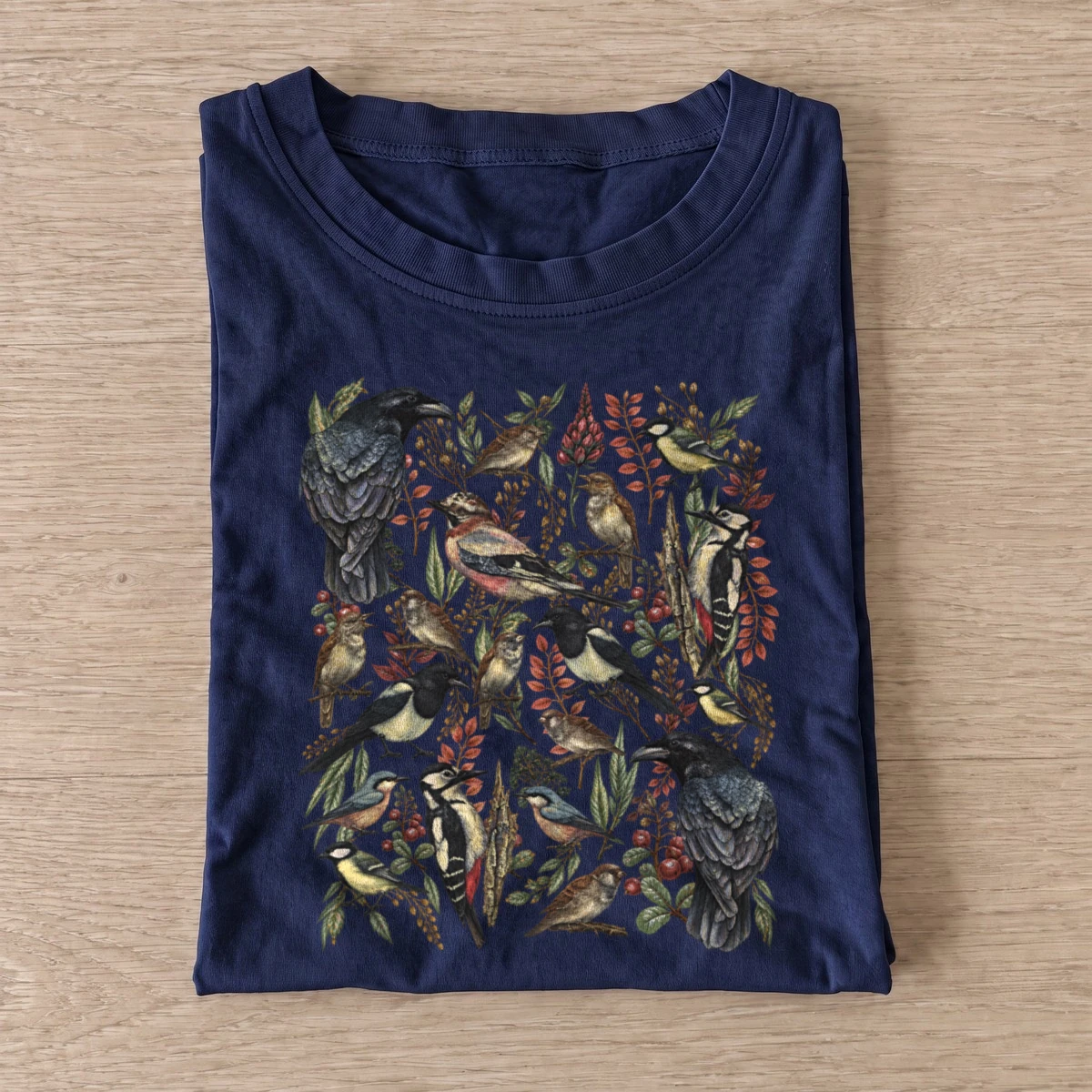 Woodland birds botanical illustration t shirt navy20woodland birds.webp