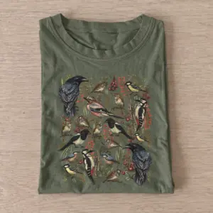 Woodland birds botanical illustration t shirt olive20woodland birds.webp