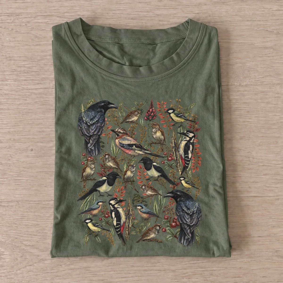 Woodland birds botanical illustration t shirt olive20woodland birds.webp