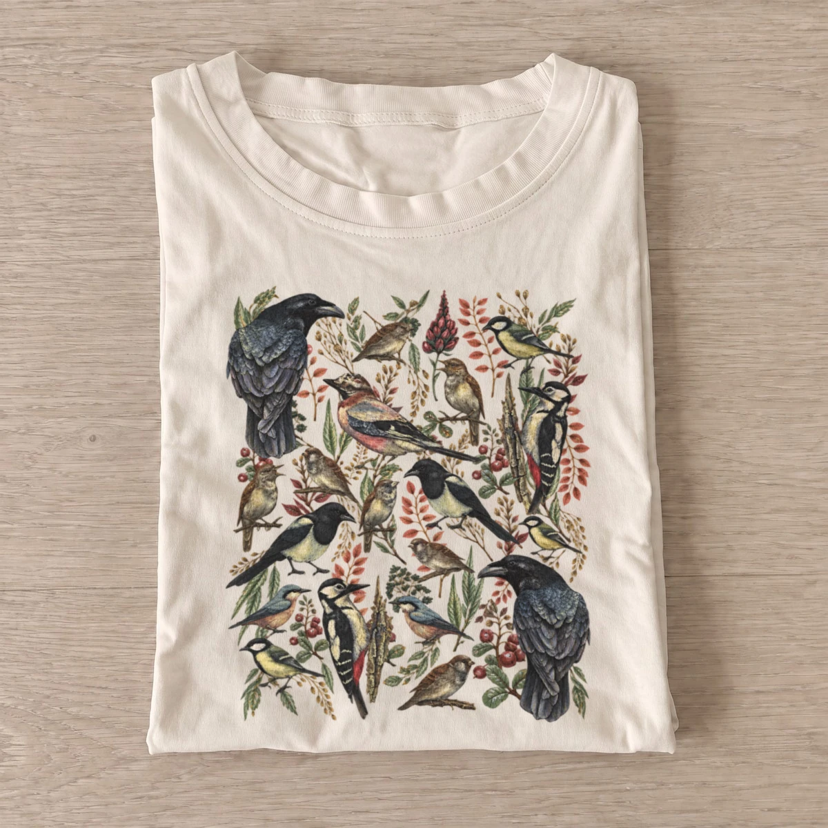 Woodland birds botanical illustration t shirt sand20woodland birds.webp
