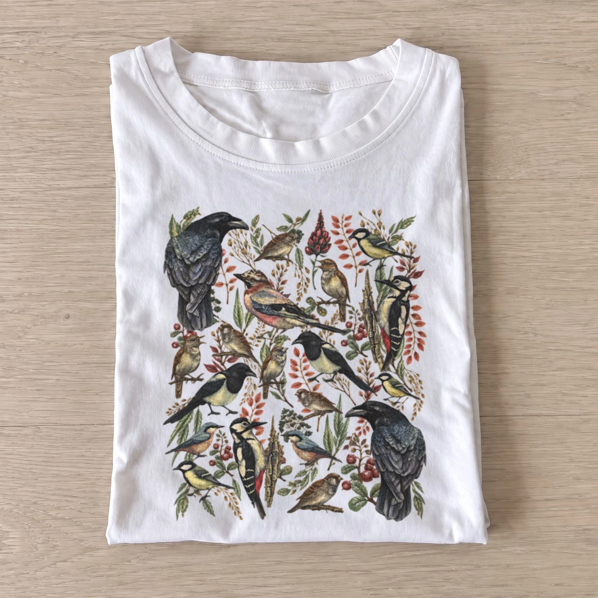 Woodland birds botanical illustration t shirt white20woodland birds.webp